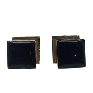 Vintage Monet Black Cabochon Gold Tone Clip On Earrings Modernist Geometric